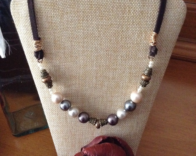 Bohemian South Sea Shell Pearl Necklace ...faux suede cord necklace