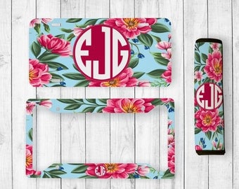 Monogram License Plate, Monogram License Plate Frame, Custom License Tag, Personalized Seatbelt Cover, Floral Monogram, Floral License Plate