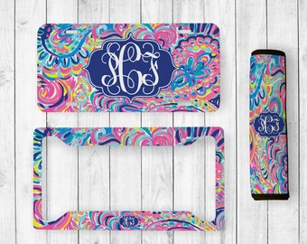 Monogrammed License Plate, Lilly Inspired Seatbelt Cover, Monogrammed License Plate Frame, Lilly Inspired, Monogram Lilly Car Accessories