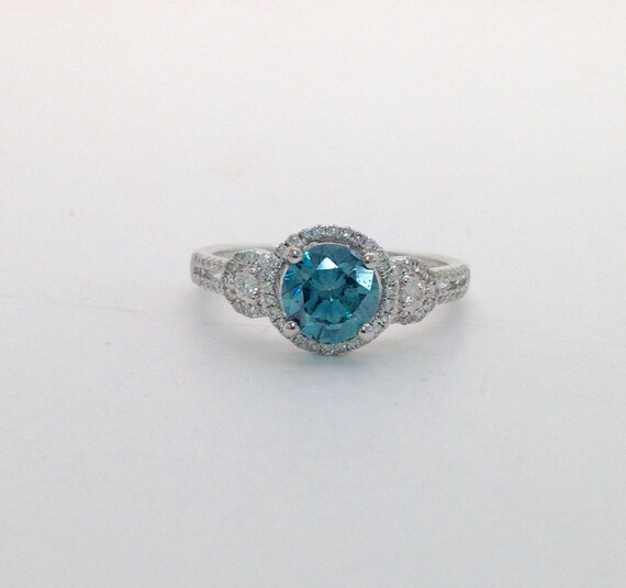 1 Carat Blue Diamond 3 Stone Wedding Engagement Ring Halo