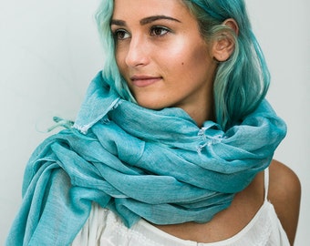 Turquoise Scarf Extra Long Cotton Scarf Beach Sarong Pareo Summer Scarves Women's Gift By Hanamer