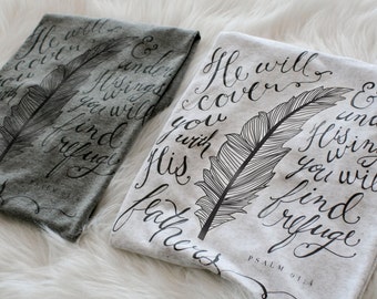 Womens T-shirt, Psalm 91:4, Feathers, Soft Fitted Tee, FS86-1002