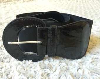 Vintage Wide Elastic Belt with big buckle Black Large Buckle Belt Vegan Leather Belt Faux Leather Belt