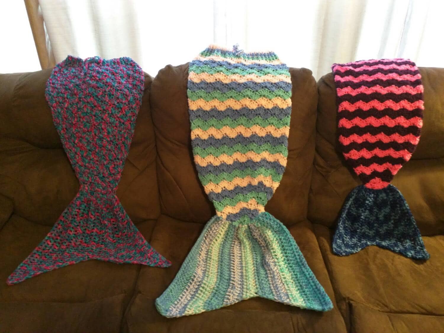 Crochet mermaid blanket with tail fin cocoon-type
