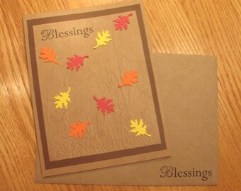 Thanksgiving Card, Blessings, Autumn Leaves, Red, Yellow, Orange, Cat Tails, Happy Thanksgiving, Embossed, Kraft Paper, Handmade