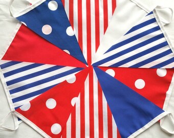ON SALE!! 30ft / 9m Red White and Blue Mix Bunting Pennant Garland: Polka-Dots and Stripes - 30ft for the price of 20!