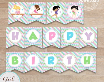Gymnastic Birthday Banner, Printable Pennant Banner, Birthday Party Decorations, Birthday Party Supplies Instant Download