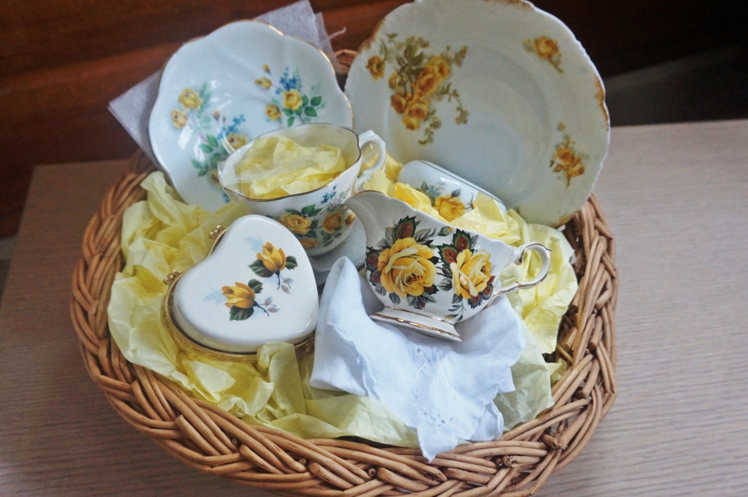Vintage gift Basket for Her with hearts and yellow roses