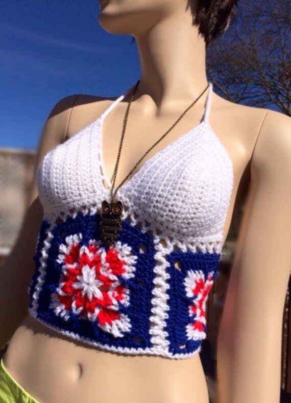 Items similar to Crochet American flag Top, Red White and Blue Crop top