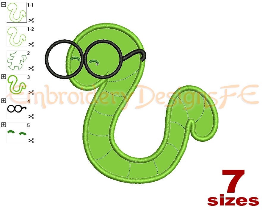 Worm Applique Design 7 sizes Machine Embroidery Design