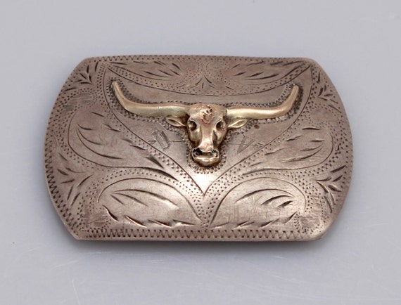 Vintage Sterling Silver and 10k Gold Belt Buckle Longhorn Bull