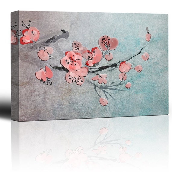 Cherry Blossom Branch Over a Blue Watercolor Background