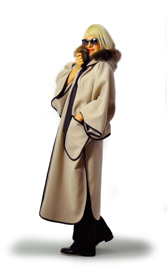 Beige long Cape Coat/Winter maxi cape/Wool oversize coat/Fur