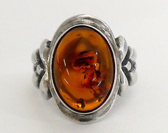 Sterling Silver Vintage Oval Amber Ring of Large Baltic Amber from Poland, Stamped