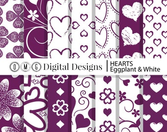 Eggplant Purple Heart Digital Paper: Purple Hearts Digital Paper Pack, Valentine Digital Papers, scrapbook papers, digital background