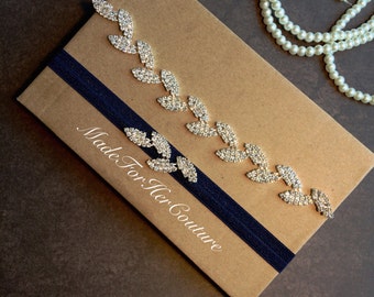 Leaf Rhinestone Garter Set, Crystal garter set, wedding garter set, bridal garter belt, navy blue garter set, something blue garter set,