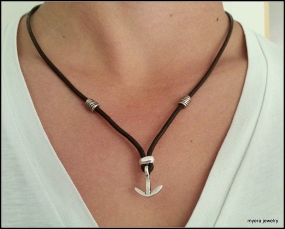 Sailors Necklace, Unisex Gifts, Man Anchor Necklace, Mens Sea Jewelry, Nautical Pendant, Leather Anchor Pendant, Sailor Nautical Necklace