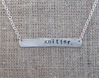 Knitter. stamped necklace - sterling silver