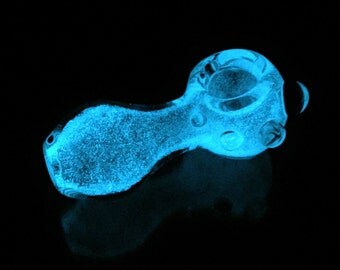 Thick Glass Pipe USA Made Bright Blue Glow in the Dark with Clear Marble Grips