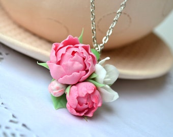 Pink peonies necklace pendant Sakura apple cherry blossom necklace Flower necklace Polymer clay flower necklace jewelry Bridesmaid gift