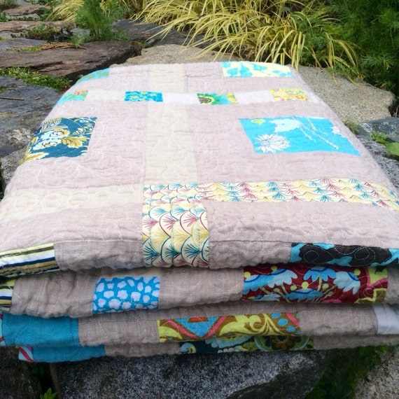 Linen Quilt Patchwork linen quilt Original by HobbsHillQuilts