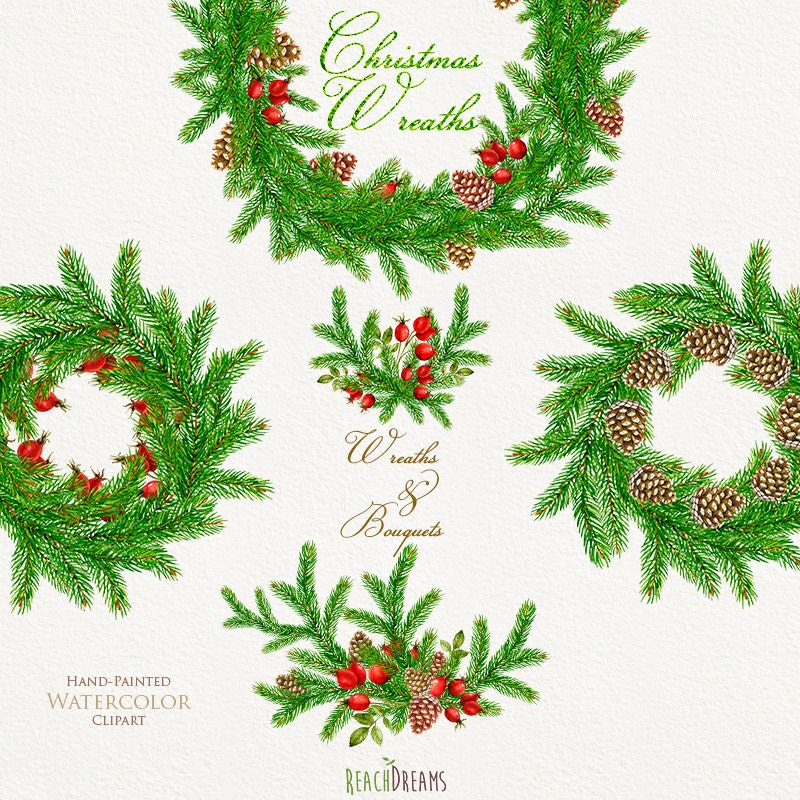 Christmas Watercolor Wreath &amp; Bouquets. New Year decor.