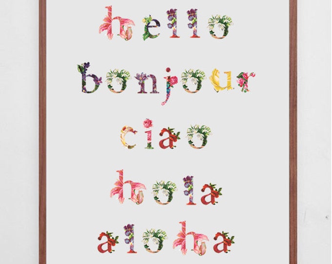 Vintage Floral Lettering / Hello Multi Language Printable Poster / Vintage Floral Poster / A4/50X70 Wall Art