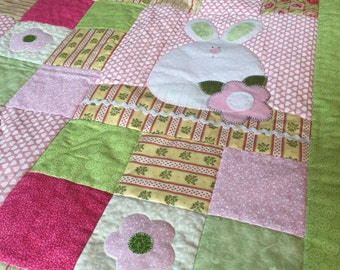 Beautiful Baby Quilt with Bunnies and Flowers