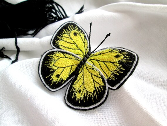 Felt Brooch Yellow Butterfly. Textile Butterfly. Fiber Art Pin. Gift for Mom. Felt brooch. Embroidered butterfly Brooch.