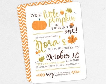 24 HOUR TURNAROUND First Birthday Invitation, Birthday PDF, Printable Invitation, Printed, Fall Birthday, Our Little Pumpkin is Turning One