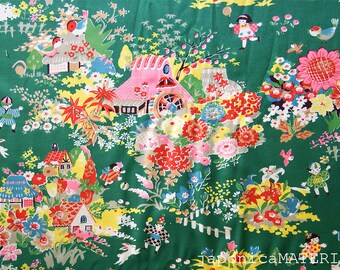 Japanese fabric, 1/2 yard, Mukashi Banashi (Folk Tale), Green, 100% cotton