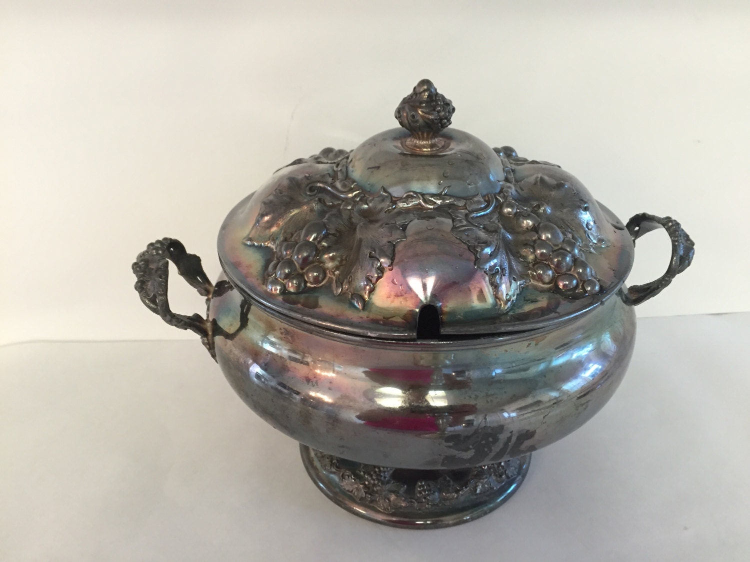 Antique silver soup tureen quadruple plate Homan MFG Company Grape ...