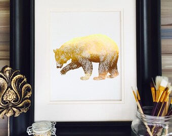Bear Print Wall Art, Woodlands Nursery, Bear Art, husband gift, wife gift, wall art, Nature Gift Idea, gold foil art, Gold Foil Print,