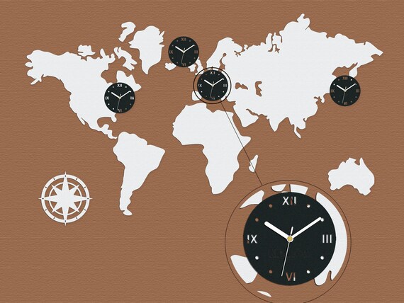 Big Wall Clock WORLD MAP 4Time Zones Modern Clock T Wall