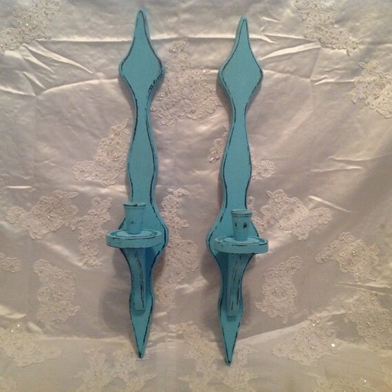 Items similar to Wall Candle Sconces PairTurquoise Ornate Tall Vintage Wooden Wall Sconces Set ...