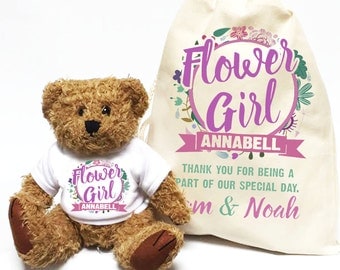 Wedding day thank you gift | Personalised Flower Girl Teddy Bear with matching gift Bag | Wedding party gift.