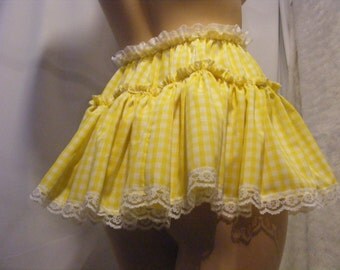 sissy adult baby clothing yellow gingham micro mini skirt aprx 11 inches long, tv fancy dress cross dress mens female