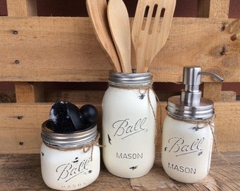 Painted Mason Jars. Mason Jar Kitchen Set. Kitchin Decor. Rustic/Vintage Home Decor. Vase. Soap Dispenser. Kitchen Utensil Holder. Gift.