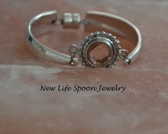 Spoon Bracelet With Peach Snap Button Spoon Handle Bracelet Fork Jewelry Handmade Wedding Gift Silverware Jewelry Antique Jewelry-332