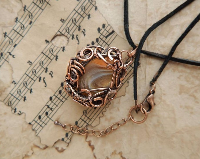 Wire wrapped pendant with yellow striped agate, Copper Wire winding, Fantasy style, Birthstone, Natural stone, Semi precious unique jewelry
