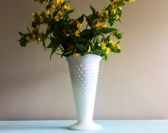 Large Vintage hobnail milk glass vase wide white vase