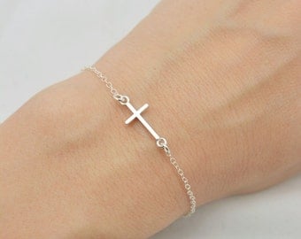 Sterling Silver Cross Bracelet, Tiny Cross Bracelet, Floating Cross Bracelet, Sideways Cross, Mini Cross Bracelet, Gift for Her 0383
