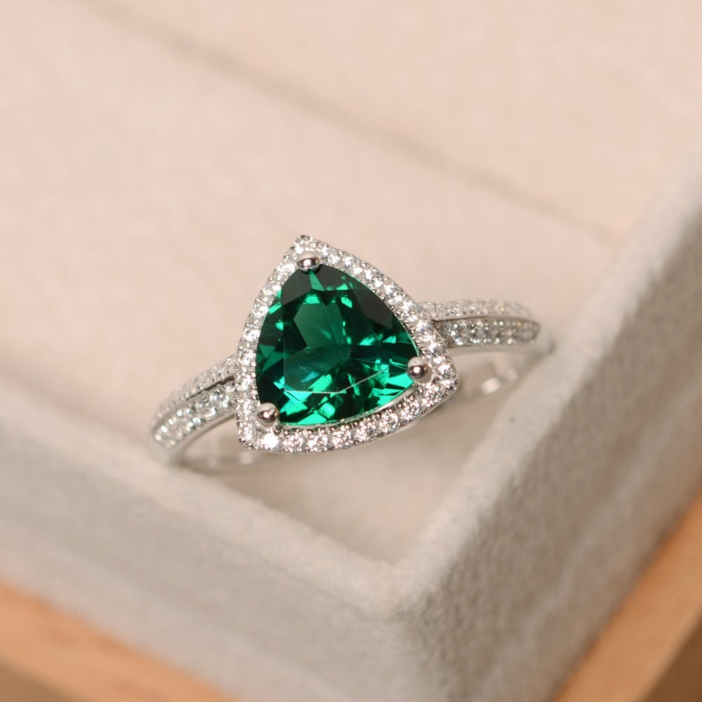 Lab emerald ring trillion cut engagement ring sterling