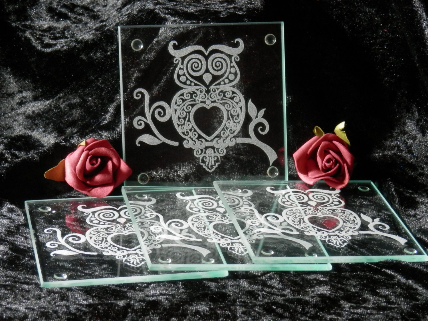 Set Of 4 Glass Coasters Engraved Owl