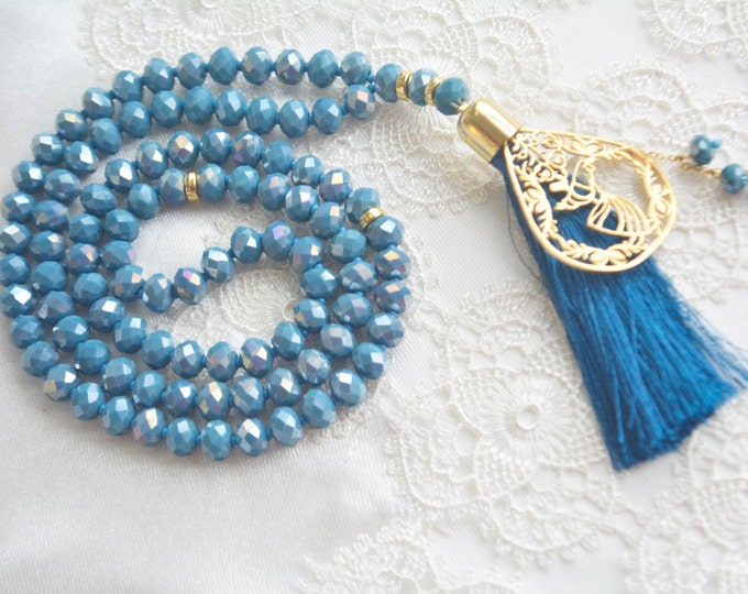 Mevlana glass pendant rosary, teal glittered necklace, tesbeeh eid present hajj-umrah gift,religious tespih,Mevlana gelaldeen el-rumy beads