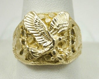 NEW Solid 14K Yellow Gold Mens Eagle Leaf Nugget Ring Size 10 Size 11, 7.3 grams