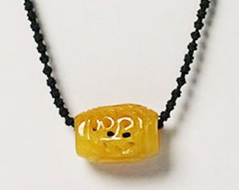 Stylish Amber Yellow Jade Ring Silk Cord Choker Necklace