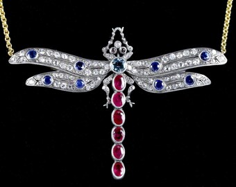 Diamond Dragonfly Pendant Necklace Diamonds Rubies Sapphires Aquamarine