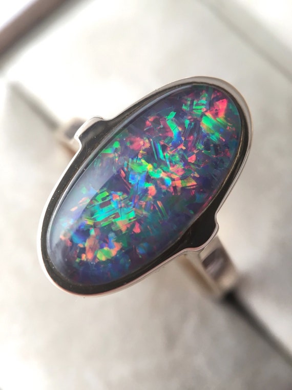 14k Gold Ring Australian Opal Triplet Ring Rainbow Opal