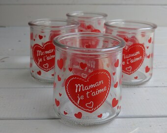 Un ensemble de 4 pots en verre décoré en Français avec « Maman Je t’aime » / porte-bougie / fête des mères cadeau de maman